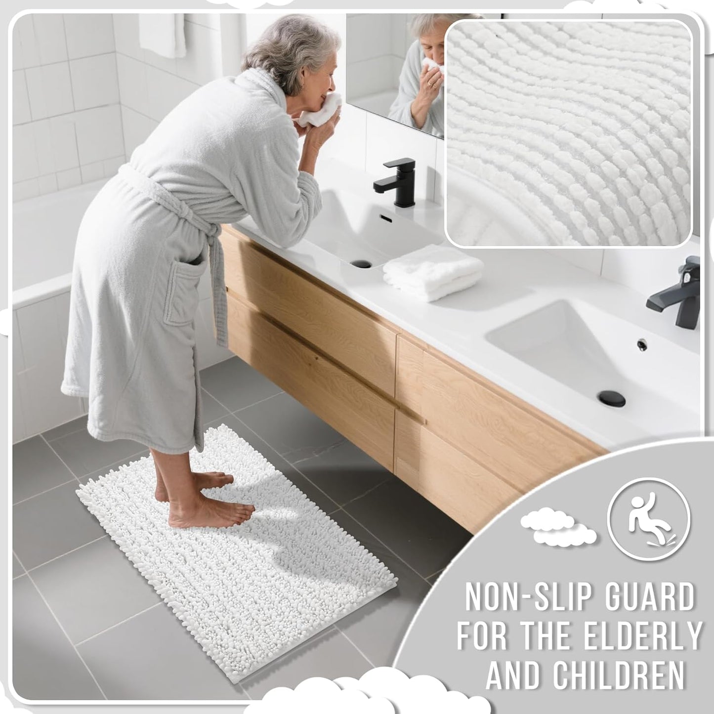 Yimobra Long Bathroom Rugs Non Slip Washable 44x24 Inch - Ultra Soft Absorbent Chenille Bath Mat, Quick Dry Shaggy Floor Carpet for Tub Shower, White Home Decor Accessories