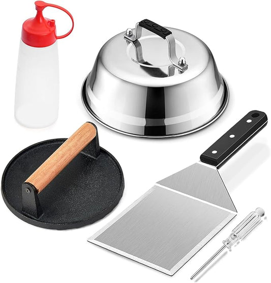 Griddle Accessories Smash Burger Kit (5Pcs), Joyfair Grill Spatula with 9in Melting Dome & Bacon Press Set, Stainless Steel Turner, Basting Cover, Cast Iron Press for Outdoor BBQ (ABS Handle)