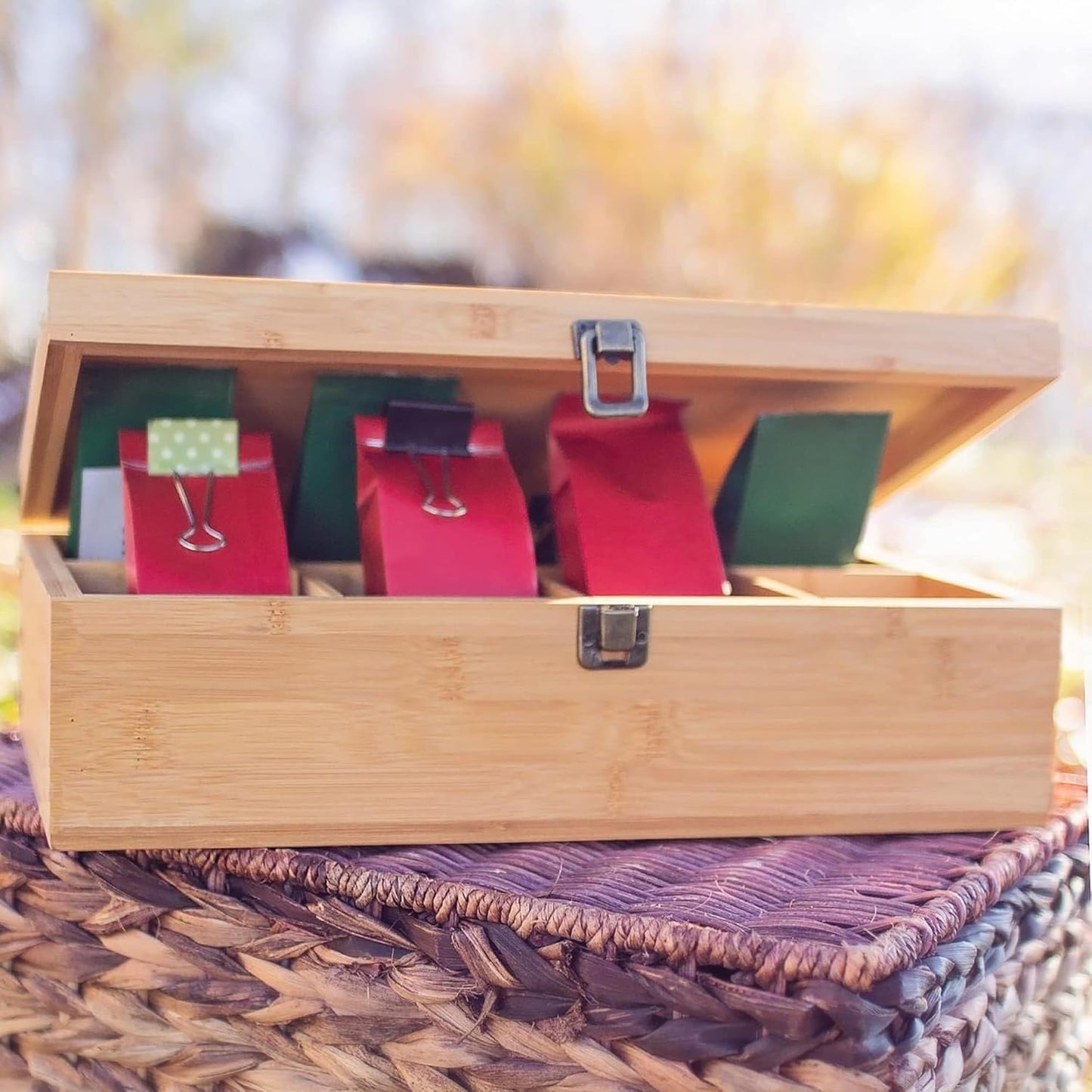 Bamboo Tea Organizer Box Chemical Free Eco-Friendly Big, Tall, Adjustable Cubbies Natural Wooden Storage Chest (8-Slot 14.3" x 8.1" x 4.2" with Tea Time Pot & Cups)