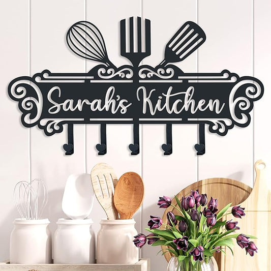 Personalized Kitchen Wall Decor，Custom Kitchen Hooks for Utensils, Personalized Kitchen Utensil Rack, Custom Metal Kitchen Hooks for Mothers Day Gifts, Grandmother's gift.