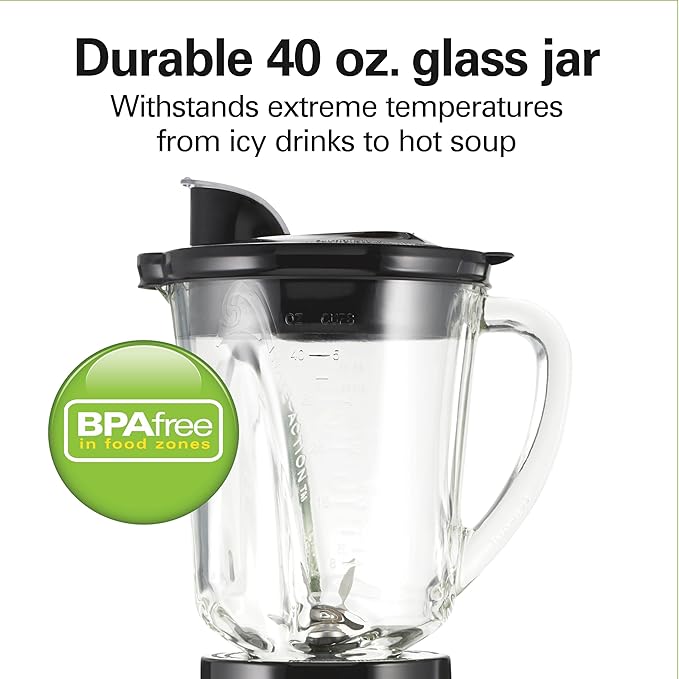 Hamilton Beach Wave Action Blender for Smoothies, Stainless Steel Ice Sabre Blades, 40oz Glass Jar, 20oz Blend-In Portable Travel Jar, 800 Watts, Quiet Design, Gray (58181)