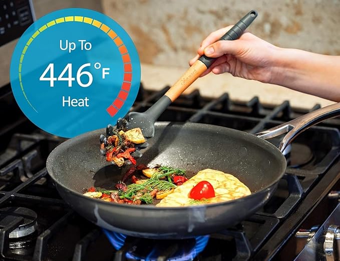 6 Pcs Cookward Silicone Cooking Utensils Set-Natural Wood Kitchen Utensils – Eco Friendly & BPA Free, Non-Scratch & Non-Stick Easy Grip -Dark gray