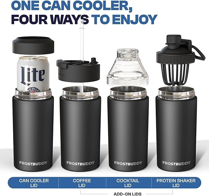 Frost Buddy Universal Buddy Can Cooler - Fits All - For Regular 12 & 16 oz or Slim-Size Bottles - Insulated Double-Walled Stainless Steel (Dark Night)