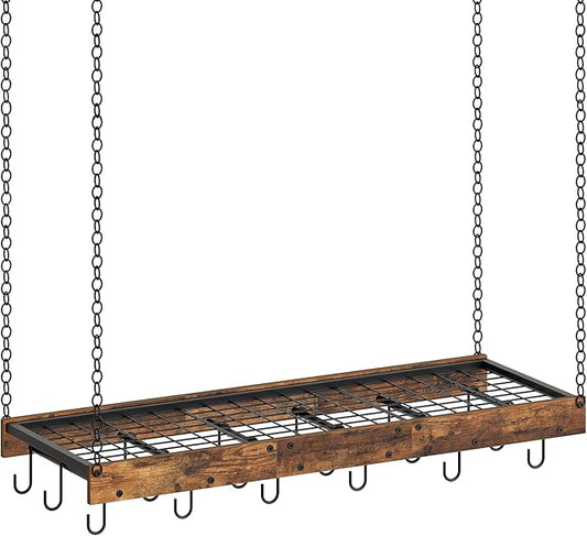 CHOEZON Hanging Pot Rack, Ceiling Wall Mounted Pot Rack for Kitchen, Industrial Style Pot Hanger with 18 Hooks, Cookware Storage Organizer, for Pots and Pans, Rustic Brown and Black TPR12BFC1