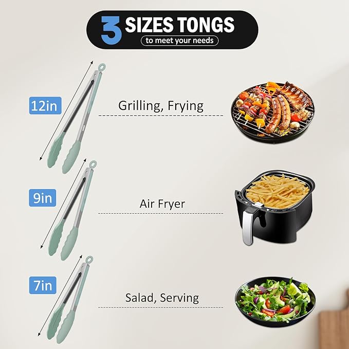 Kitchen Tongs, Set of 3 Stainless Steel Tongs with Silicone Tips Locking Cooking Tongs 600ºF Heat Resistant Tong for Cooking BBQ Grilling Air Fryer Serving Food Salads, 7"+9"+12" Light Green