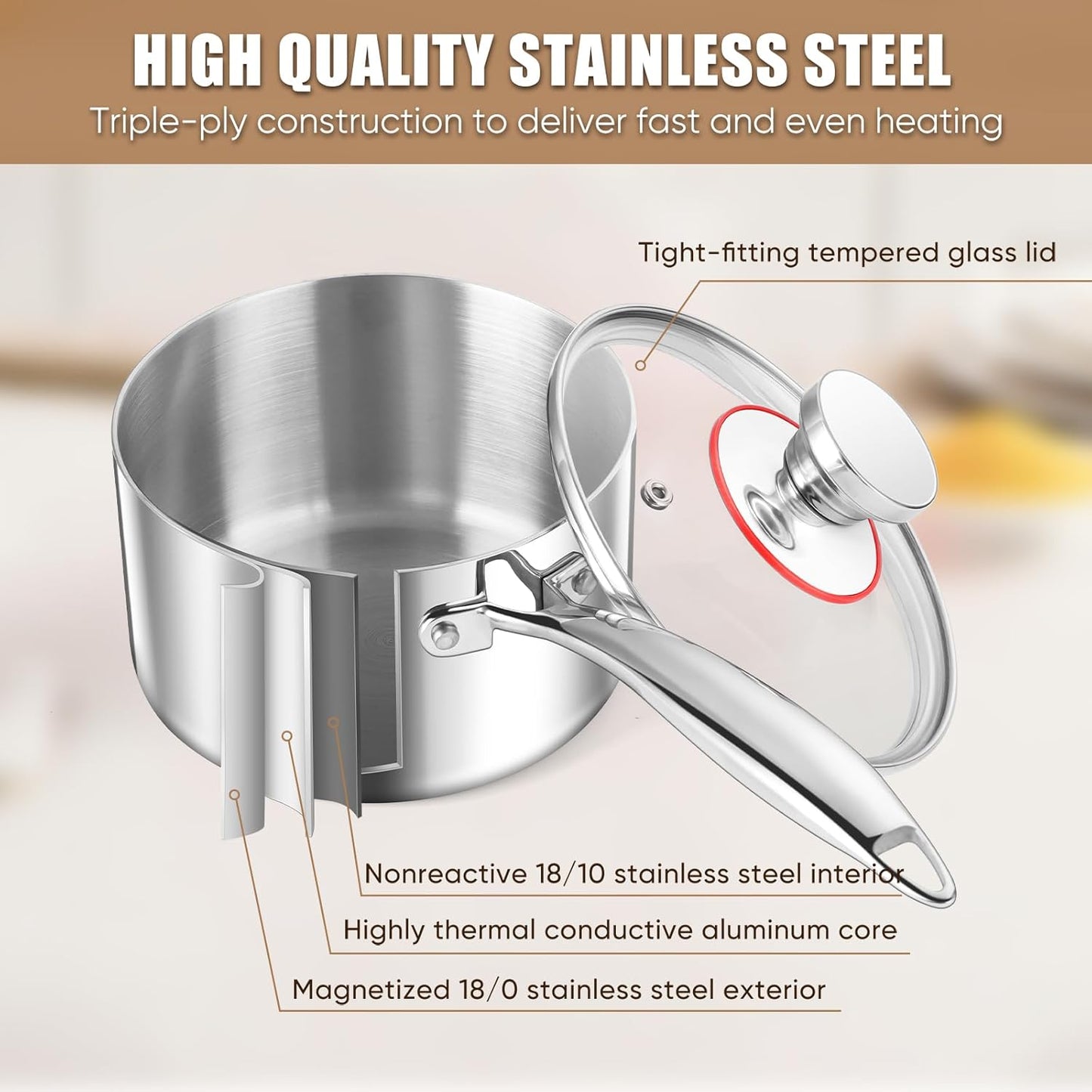 E-far Stainless Steel Saucepan Set - 2Qt & 3 Qt, Triply Sauce Pan Pot with Lid for Cooking Pasta Warming Milk Boiling Water, Small Metal Cookware for Kitchen, Induction Ready & Heavy Duty