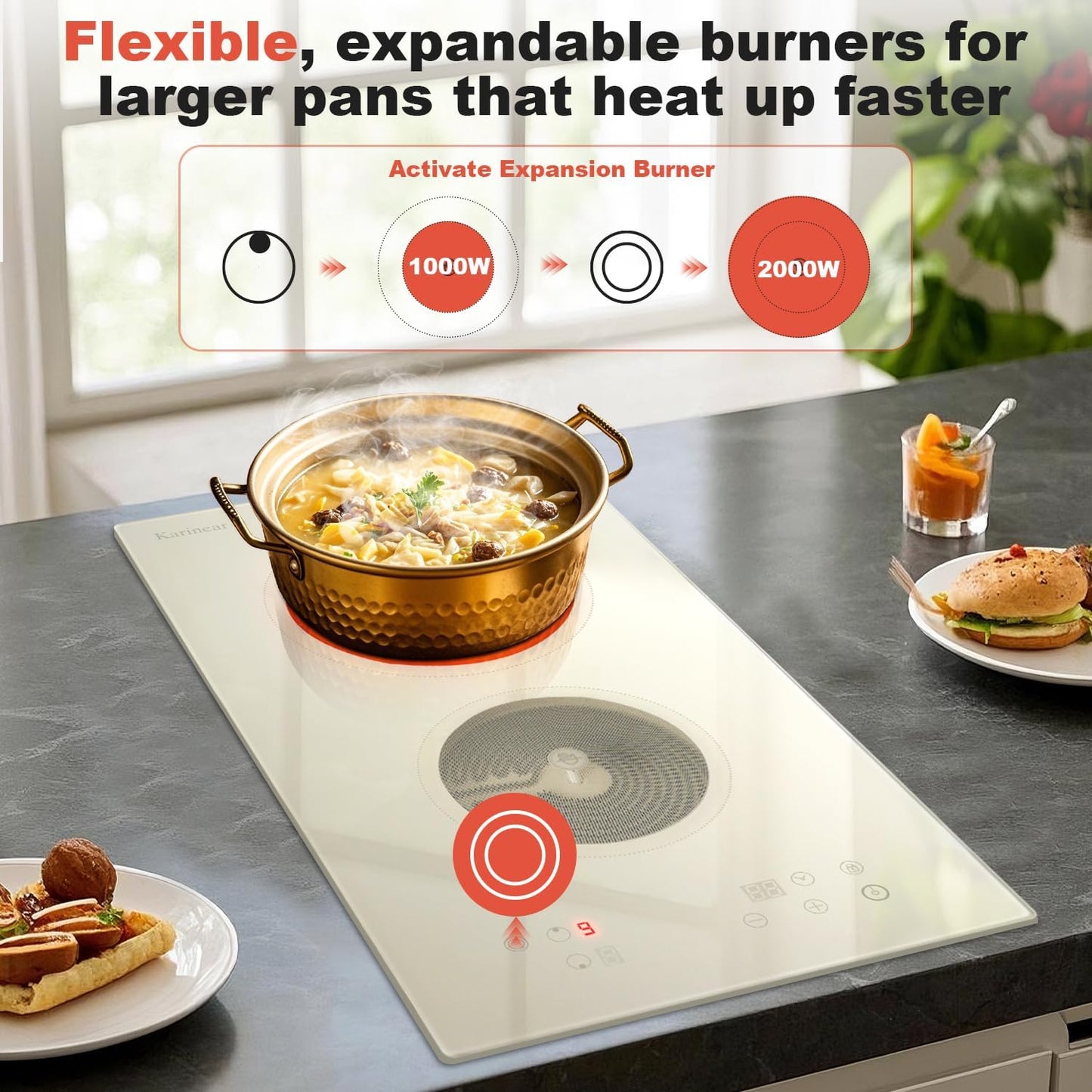 Karinear 2 Burners Electric Cooktop, Beige-gray Glass Electri Cermaic Stove, 12 Inch Built-in Electric Stove Top with Timer, Child Safety Lock, 9 Power Levels, 3200W, 220V-240V Hardwire(no plug)