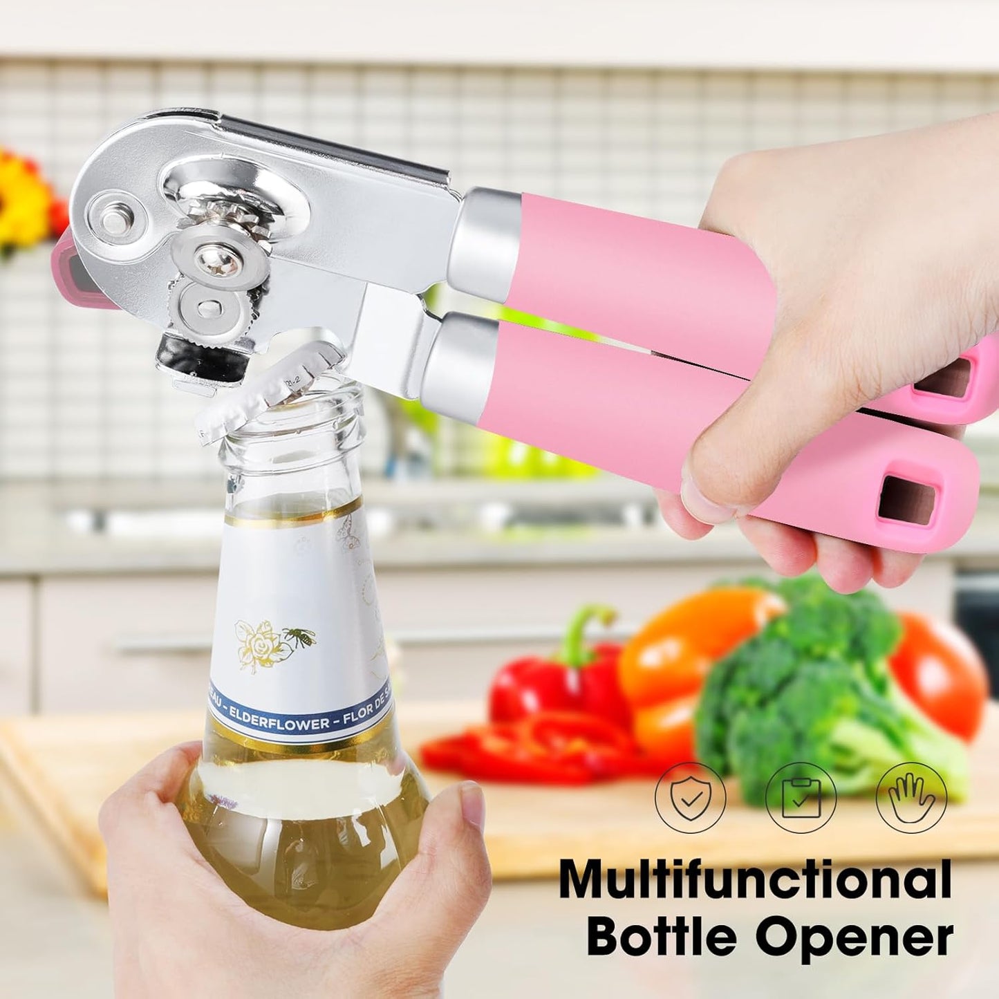 Beneno Can Opener Manual with Magnet, Hand Held Heavy Duty Can Opener with Durable Sharp Blade Smooth Edge, Big Effort-Saving Knob, Soft Grip Rubber Handle, Multifunctional Bottle Opener, Pink