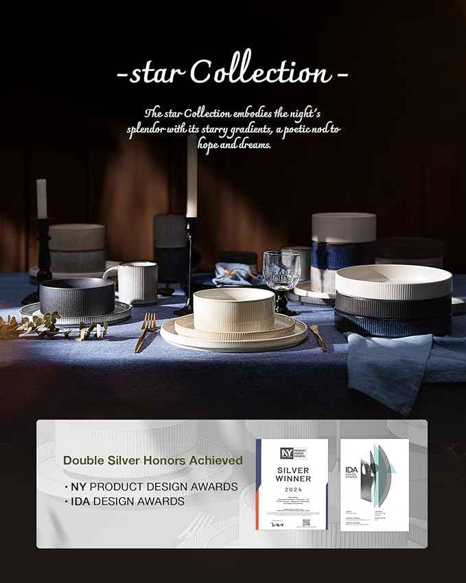 Famiware Star Dinnerware Set, Plates and Bowls Sets for 6 (18pcs), Ribbed Stoneware Dishes - Chip & Scratch Resistant, Microwave & Dishwasher Safe Kitchenware, Cream
