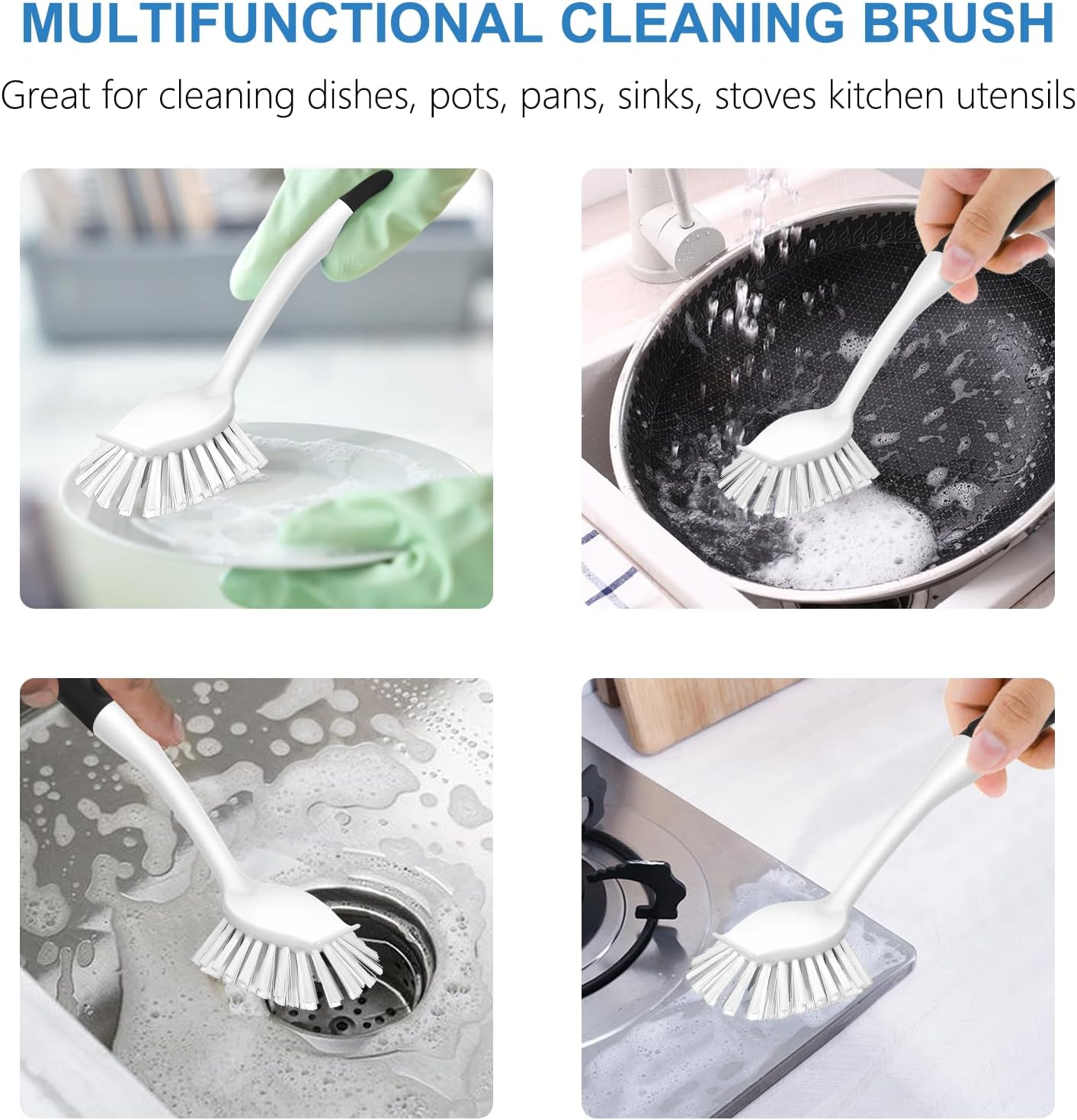 SetSail Dish Brush with Handle, 2 Pack Stiff Bristles Dish Scrubber with Built-in Scraper Dish Scrub Brushes for Cleaning Dishes, Pots and Pans, Kitchen Sink, 3 Pack, Black White