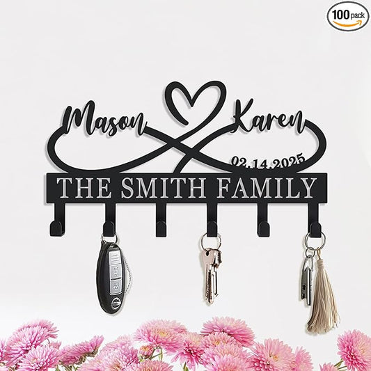 Personalized Metal Key Holder for Wall, Custom Infinity Heart Key Rack with Hooks, Wall Mounted Key and Coat Organizer for Entryway Bedroom, Housewarming & Wedding Gift (Design9)