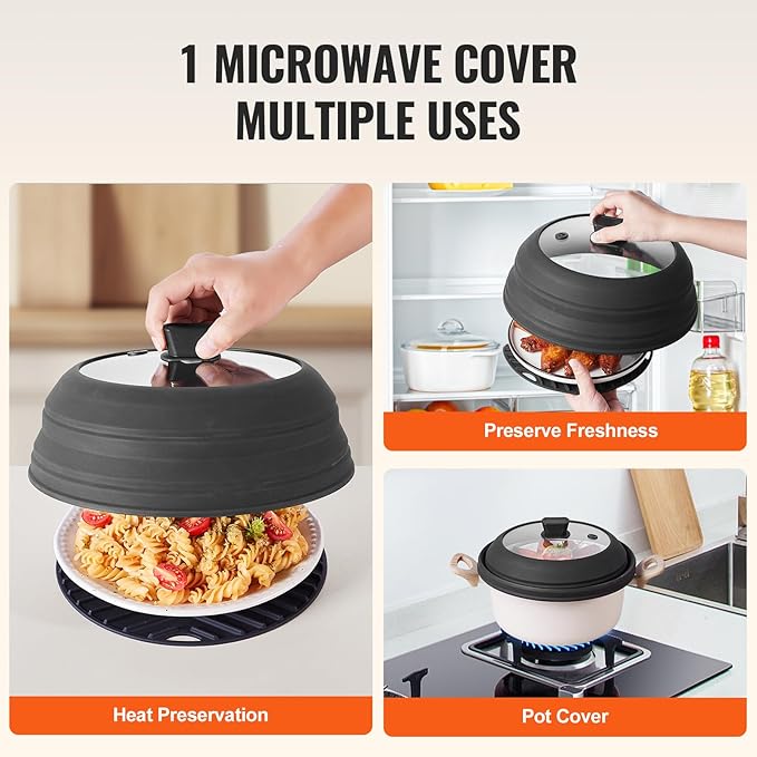 VEVOR Microwave Splatter Cover & Mat, 10.8" Collapsible Microwave Lid for Food, 500°F Heat-Resistant Silicone & Tempered Glass Splatter Guard for Plate Dish, Multi-Purpose Kitchen Gadget with Handle