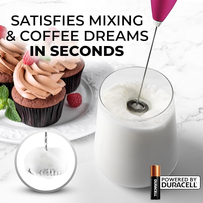Zulay Kitchen Milk Frother Handheld Electric Whisk with AA Duracell Batteries – Durable Drink Mixer for Coffee, Lattes, Cappuccinos & More - Hot Pink