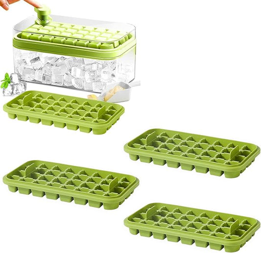 Ice Cube Trays with Lid and Bin, 4 Trays-Green