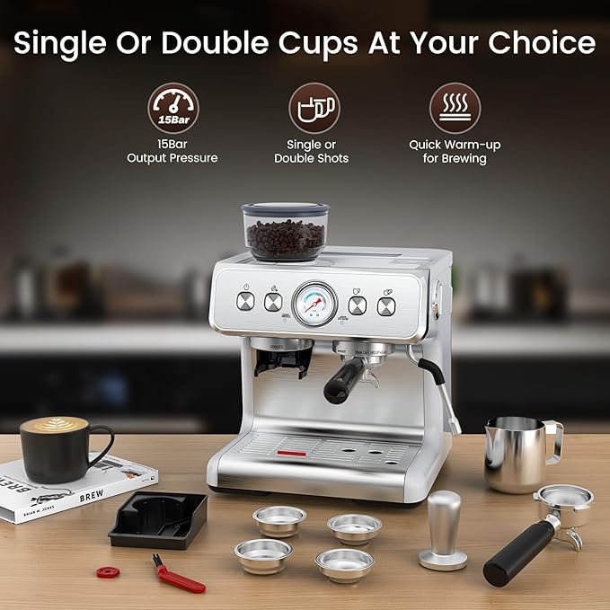 (2026 Upgrade) Espresso Machine with Grinder, Expresso Coffee Machines with Built-in Anti-Clog Coffee Grinder/Milk Steam Wand/Frother, Expresso Machines for Home Perfect Cappuccino & Latte-Silver