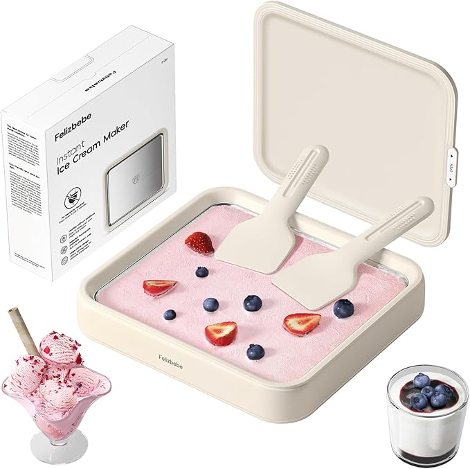 Rolled Ice Cream Maker, Felizbebe Instant Ice Cream Roller Tray with Lid and 2 Spatulas, Food Grade Premium Stainless Steel Cold Plate No-electricity for Fun Family Activities, DIY Parent-Child Time