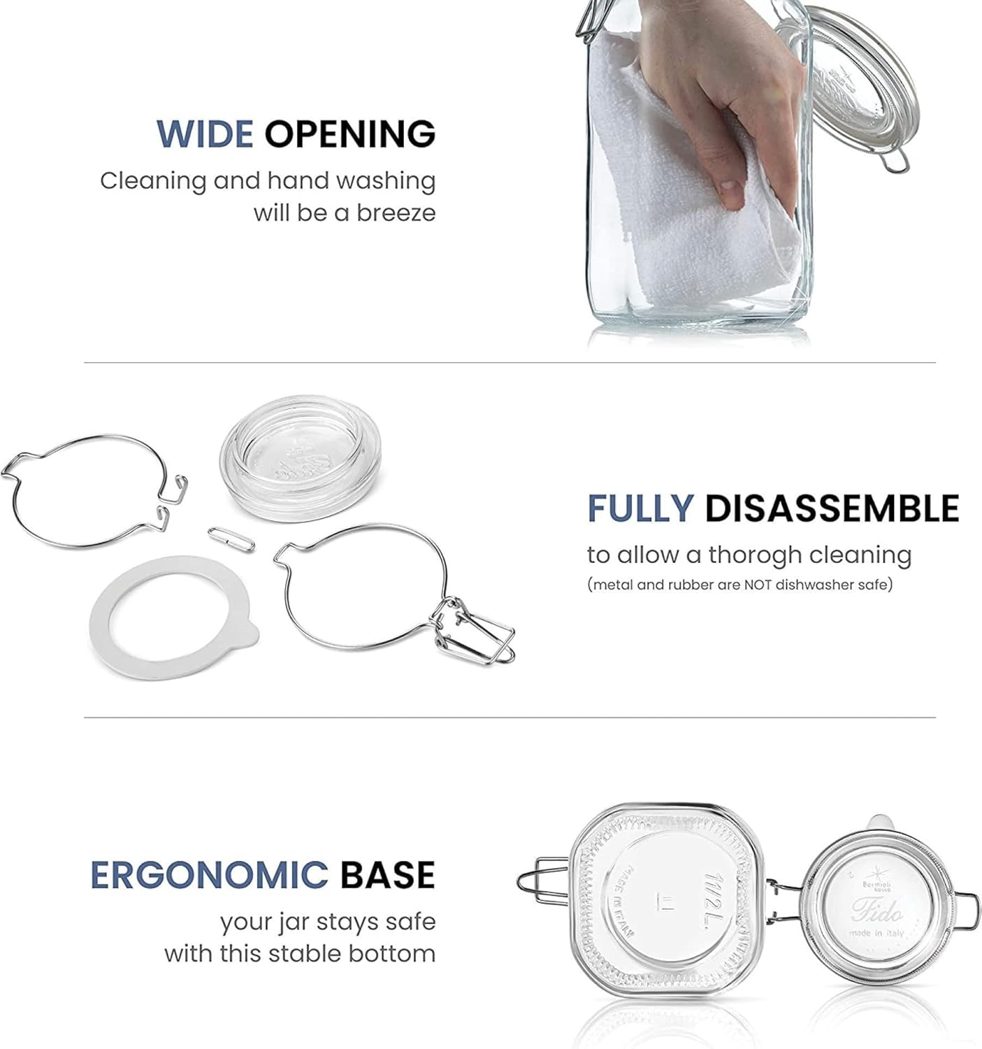 Bormioli Rocco Fido, 2 Pack, 33.75 Oz. Food Storage Glass Jars, Airtight Rubber Seal & Glass Lid, with Stainless Wire Clamp, Mason Jar, Made in Italy