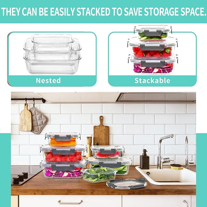 Skroam 10-Pack Glass Meal Prep Containers, Food Storage Containers with Snap Locking Lids, Airtight Bento Boxes for Microwave, Oven, Freezer and Dishwasher