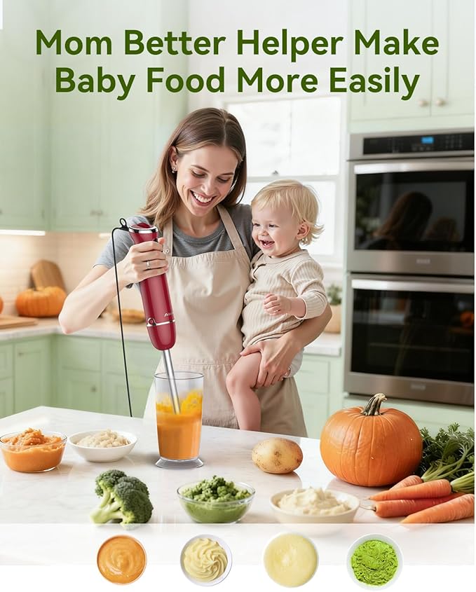 Immersion Blender 5 in 1 Hand Blender, Abuler 1000W Hand Mixer Stick,12 Speed Handheld Blender 304 Stainless Steel with 600ml Mixing Beaker, 500ml Chopper, Whisk and Milk Frother for Soup, Baby Food