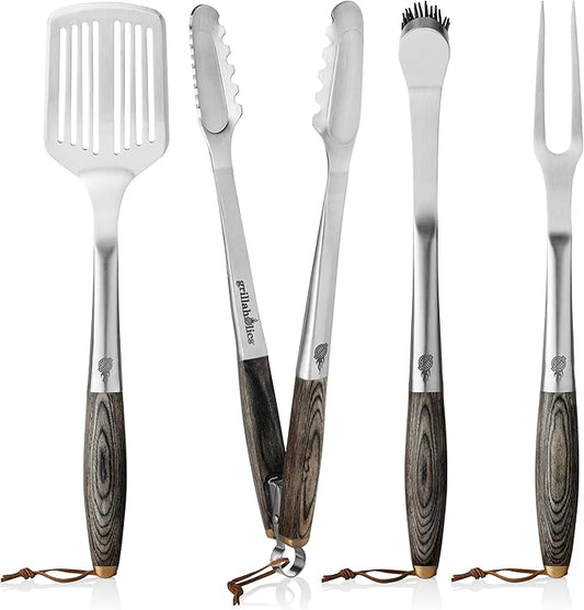 Grillaholics Premium BBQ Grill Tools – The Ultimate Grilling Gift for Dad - Luxury 4-Piece Barbecue Utensils Grill Set with Wooden Gift Box