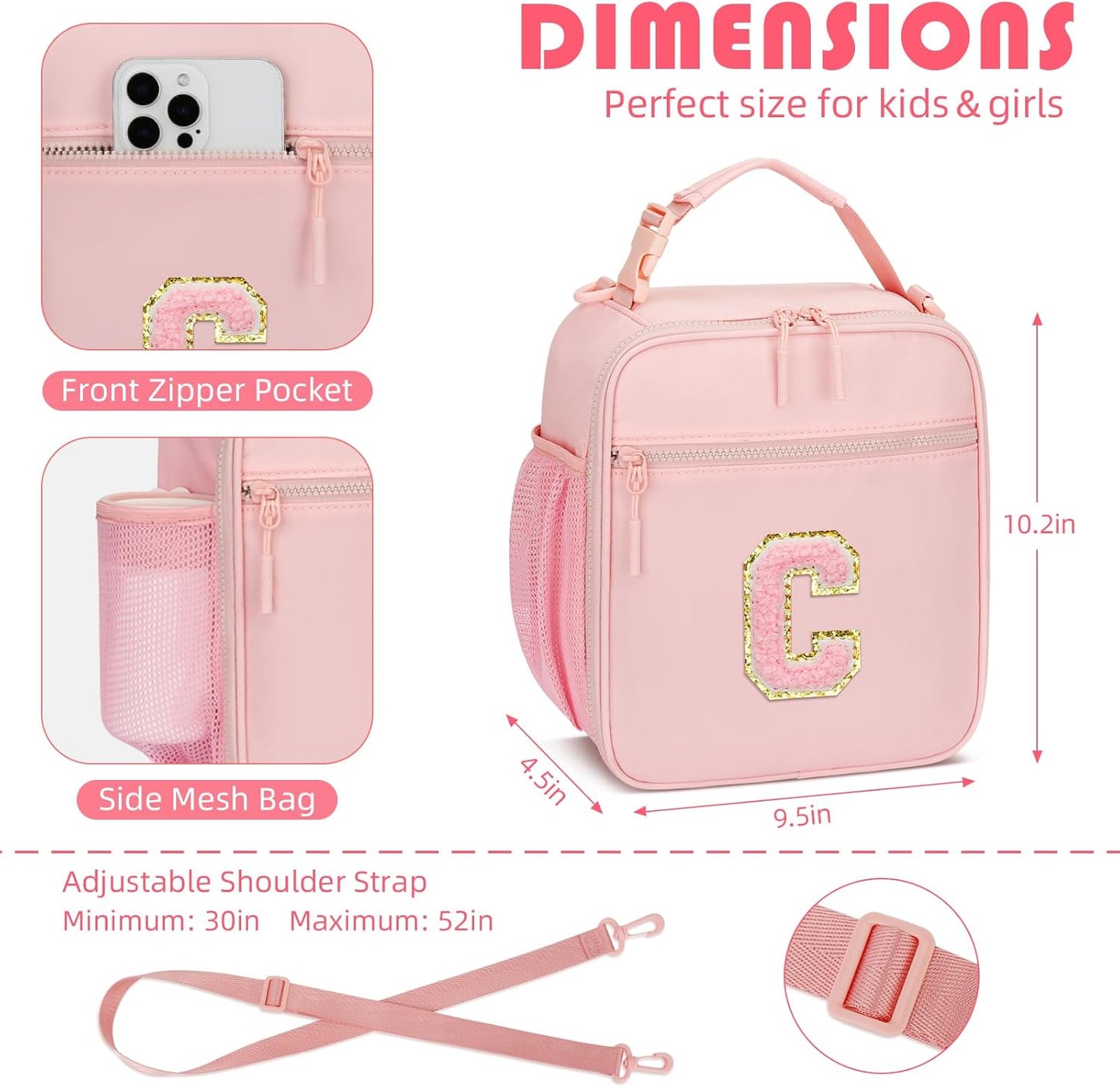 Initial Insulated Lunch Bag for Girls Kids, Back to School Gift, Reusable Leak-proof Lunch Box with Adjustable Strap for School Daycare Travel Picnic (Pink,C)