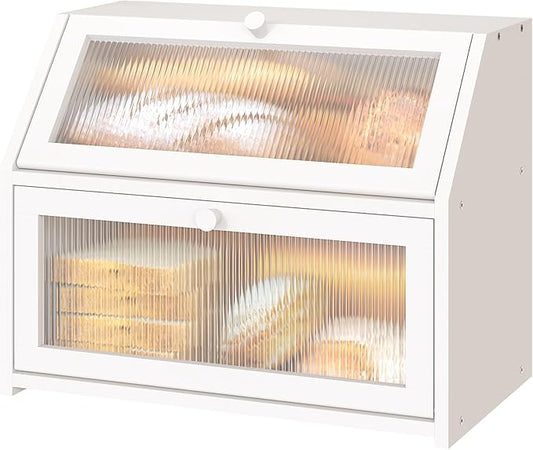 White Bread Box for Kitchen Counter, Large Bamboo Wood Double Layer Bread Box, Wooden Bread Storage Capacity