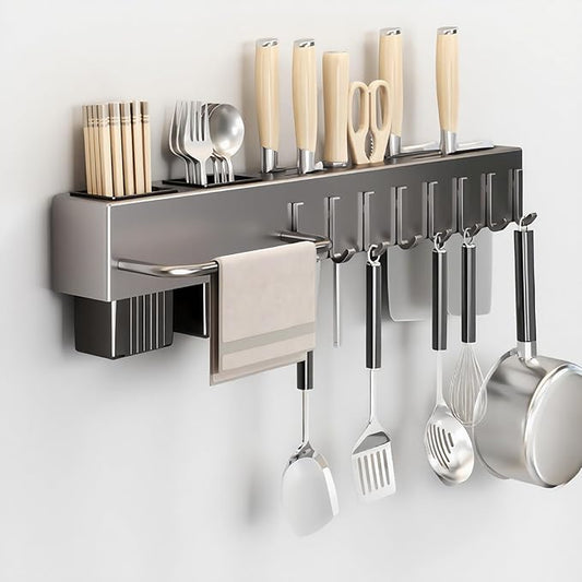 SEIDO Carbon Steel Utensil Rack – Space-Saving 20" L Kitchen Organizer with hooks & hanging bar, Gunmetal Gray Knife Holder, 2 Installation Options (Adhesive/Screwed)