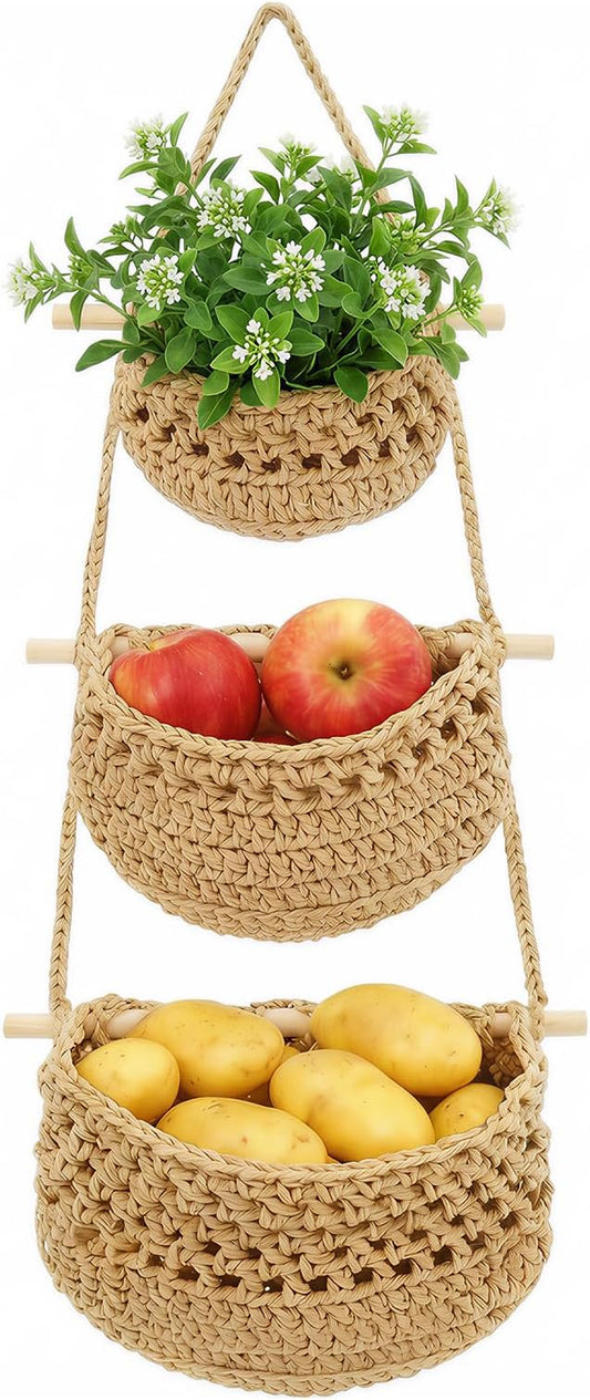 Hanging Fruit Basket, 3 Tier Cotton Woven Wall Basket, Detachable Wall Hanging Baskets for Kitchen Bathroom Storage, Plants Holder, Vegetable Onion Organizing, Boho Decor Aesthetic