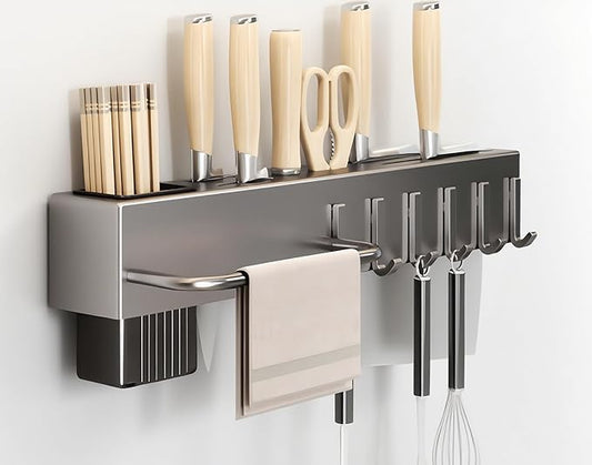 SEIDO Carbon Steel Utensil Rack – Space-Saving 16" L Kitchen Organizer with hooks & hanging bar, Gunmetal Gray Knife Holder, 2 Installation Options (Adhesive/Screwed)