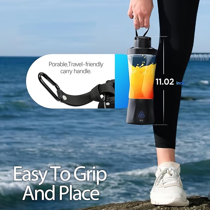 Portable Blender, Cordless, 24oz. Vessel, Personal Blender-for Shakes & Smoothies, BPA Free, Leakproof-Lid & Sip Spout, USB-C Rechargeable & Self Cleaning - Travel with 6 Sharp Blade, Black