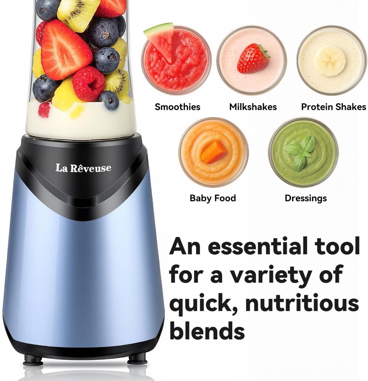 La Reveuse Smoothies Blender Personal Size 300 Watts with 18 oz BPA-free Portable Travel Sports Bottle (Light Blue)