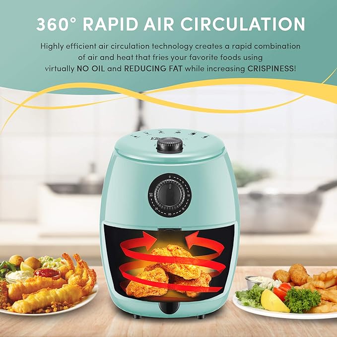 Elite Gourmet EAF0201BLX Personal Compact Space Saving Electric Hot Air Fryer Oil-Less Healthy Cooker, Timer & Temperature Controls, 1000W, 2.1 Quart, Mint