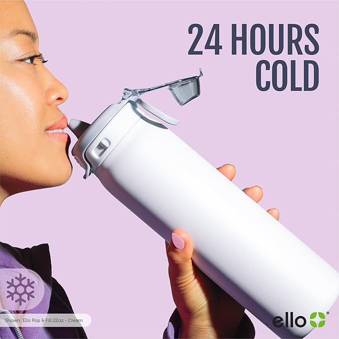 Ello Pop & Fill 32oz Stainless Steel Water Bottle with QuickFill Technology, Double Walled and Vacuum Insulated Metal, Leak Proof Locking Lid, Straw and Chug, Reusable, BPA Free, Strawberries