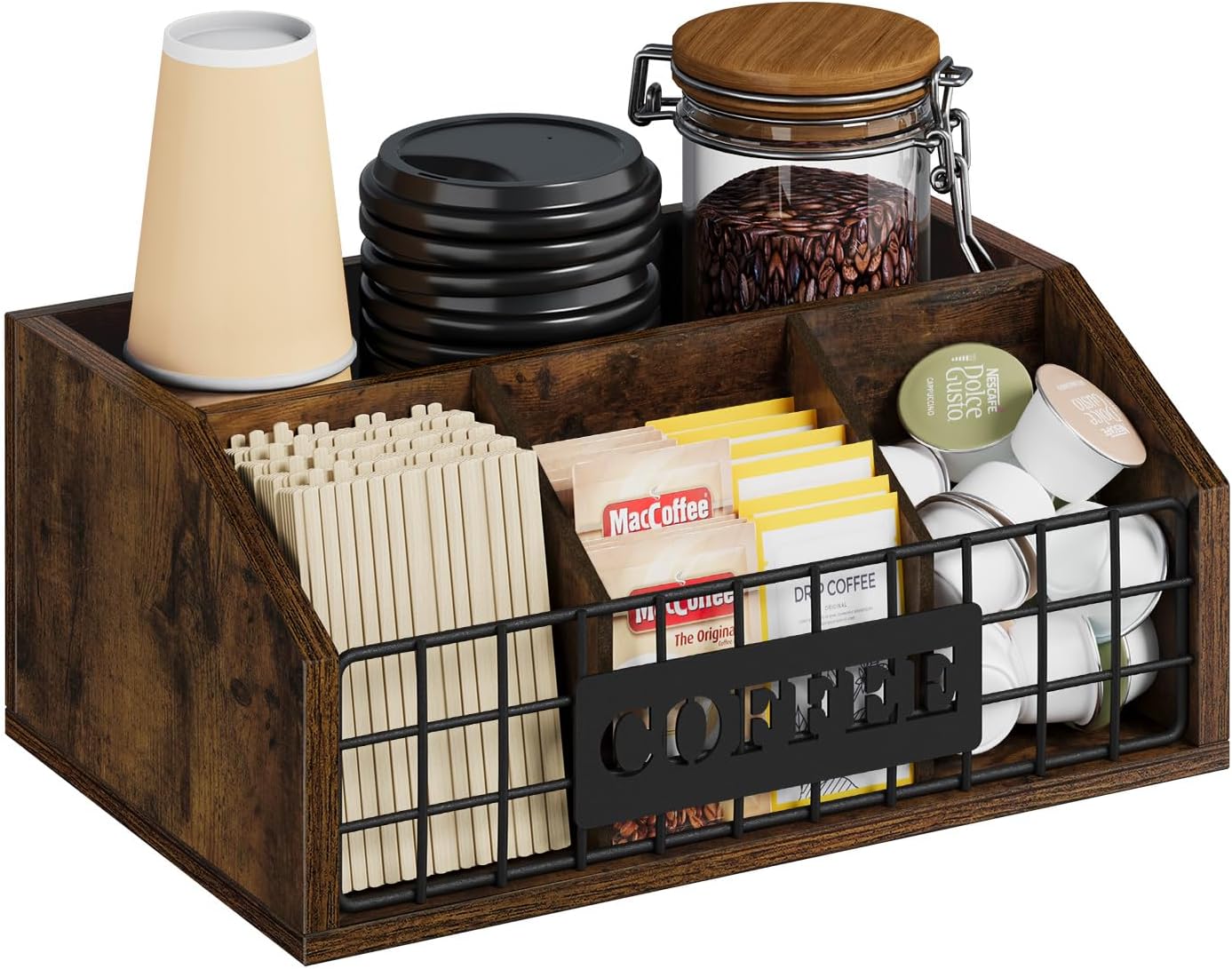 YINMIT Coffee Station Organizer for Countertop, Wood Coffee Bar Organizer with Removable Dividers for Pods, Syrup, Cups, Stirrer, Tea - Office Bar Accessories, Iron Wire-Vintage Brown