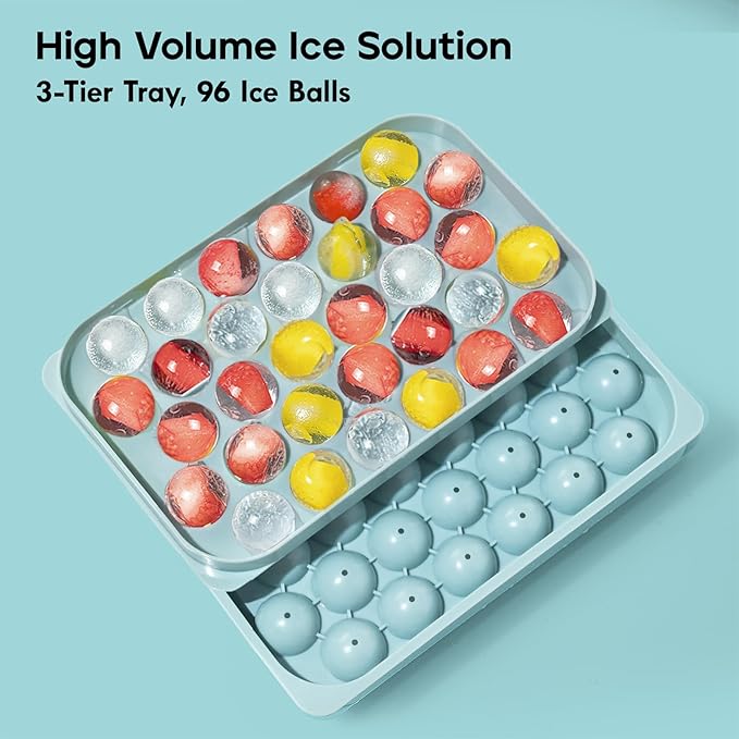 Ice Cube Trays with Lid and Bin, 0.8 IN Small Round Ice Cube Mold for Freezer - Easy Release Stackable Ice Ball Maker for Cocktail,Whiskey and Drinks,BPA-Free(0.8in/96 balls&box)