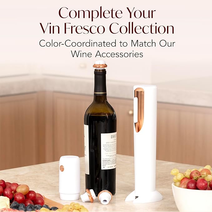 Electric Wine Opener Battery Operated with Stand and Built-in Foil Cutter - Automatic Wine Opener - Electric Corkscrew for Easy Cork Removal - Best Gift for Wine Lover (White & Rose Gold)