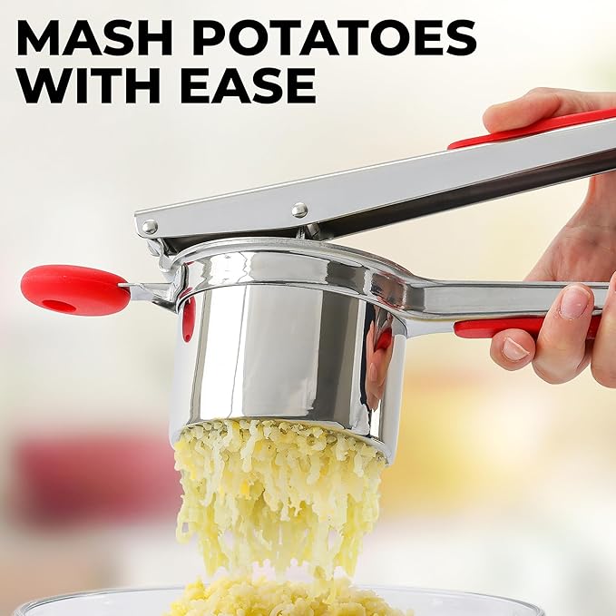 Zulay Kitchen Premium Large 15oz Potato Ricer, Heavy Duty Professional Stainless Steel Potato Masher and Ricer Kitchen Tool, Press and Mash Kitchen Gadget - Red and Silver