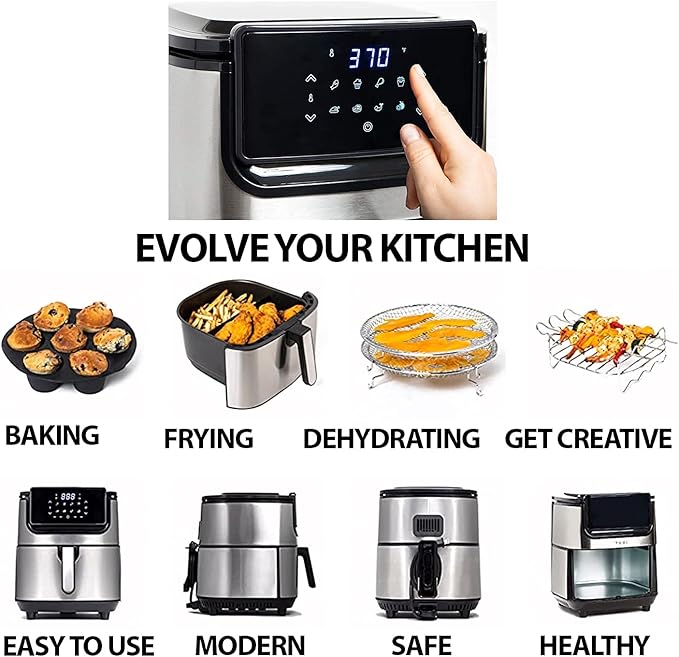 Yedi Evolution Air Fryer, 6.8 Quart, Stainless-Steel Finish, Ceramic Cooking Basket, with Deluxe Accessory Kit and Recipe Book