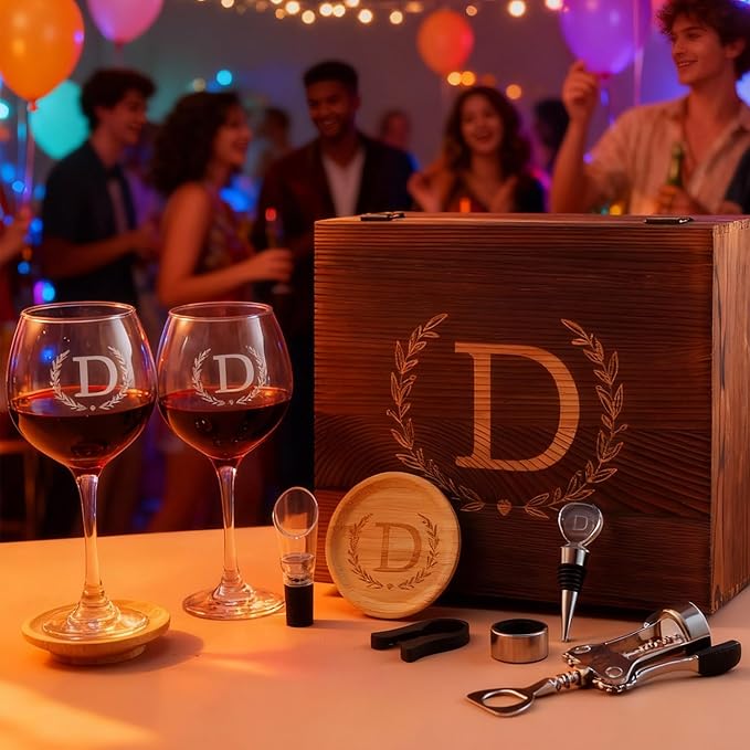 GZLDGIFTS Personalized Initial Wine Glasses Box Gift Set For Women Mom Engraved Birthday Monogrammed Wooden Christmas Gifts Wedding Anniversary Wine Couples Stopper Opener Initial Letterr (V Set)