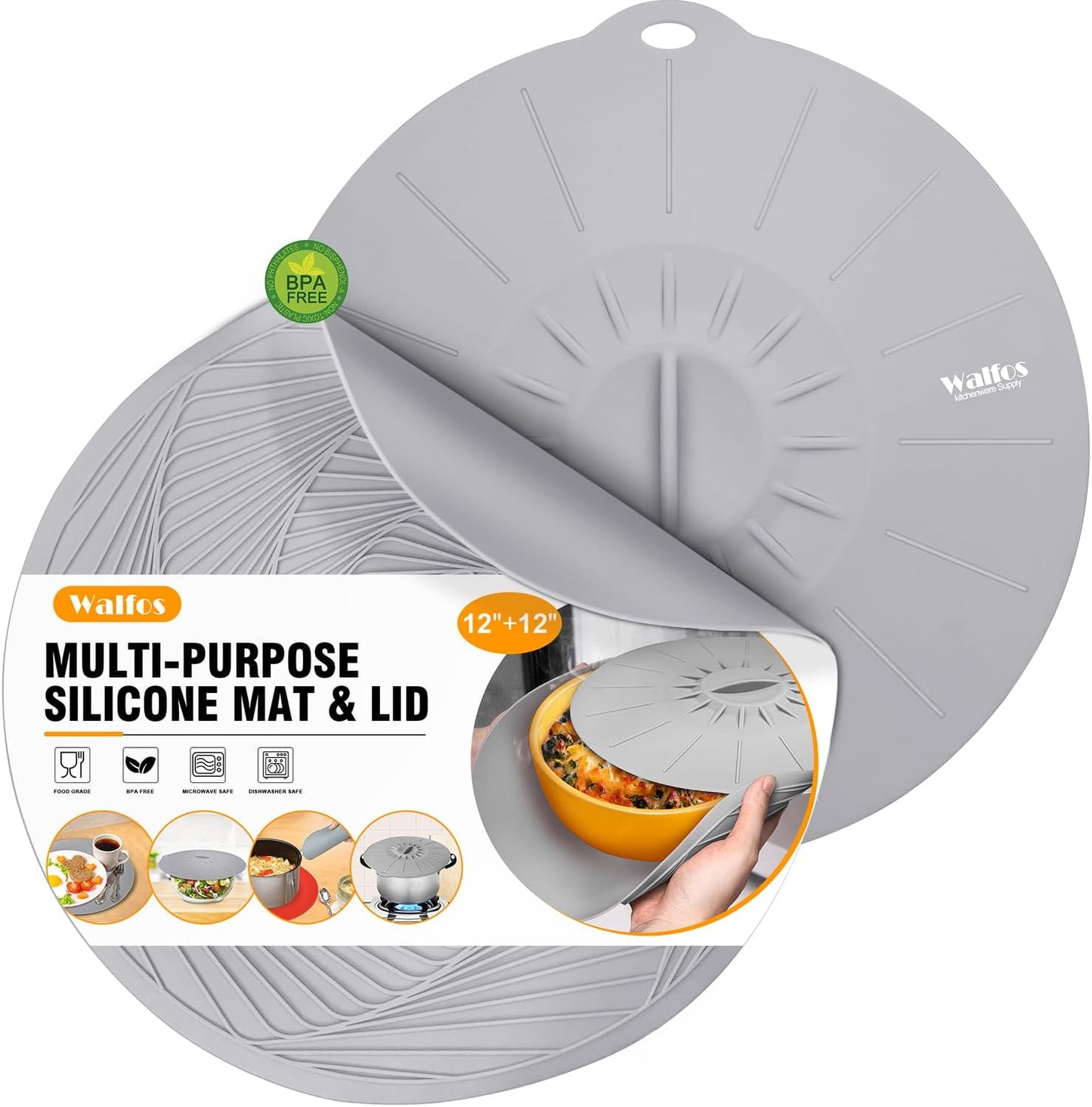 Walfos Silicone Microwave Mat & Lid Set, Heat Resistant Multi-Purpose Trivet Mat and Seal Lids, Non-Slip and BPA Free, Perfect for Oven and Hot Pan