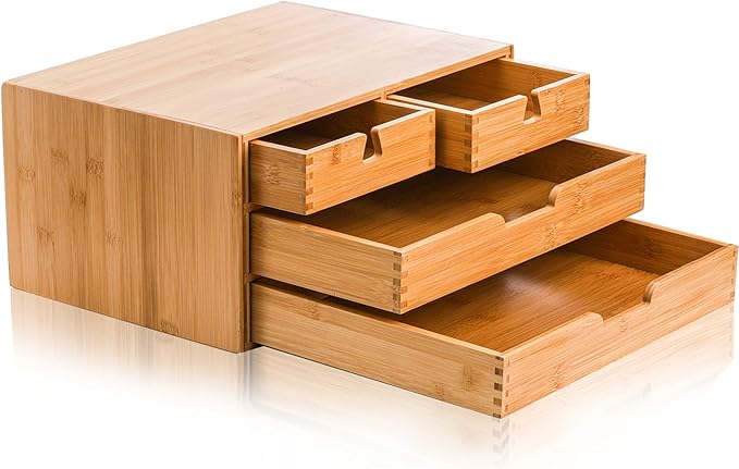 DEAYOU Bamboo Desk Organizer, 100% Natural Bamboo Desktop Drawer Organizer, Tabletop Storage Cabinet Organization Box with 4 Drawers for Makeup, Letter, Home Office Supplies, 3-Layer, Fully Assembled