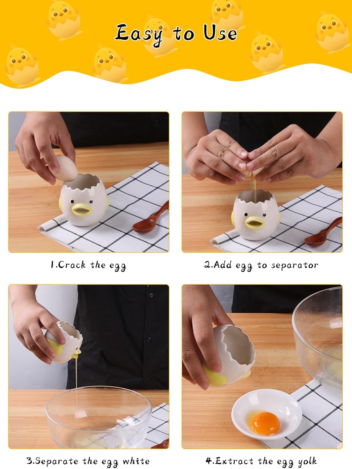 2Pcs Cute Egg Separator, Ceramics Vomiting Chicken Egg Yolk White Separator, Practical Household Small Egg Filter Splitter, Kitchen Gadget Baking Assistant Tool, Dishwasher Safe (2)