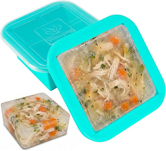 Silicone Freezer Tray with Lid 2 Pack Silicone Freezer Molds Ice Cube Tray Makes 2 Perfect 2 Cup Portions Soup Cubes Meal Prep Containers- Oven & Dishwasher Safe