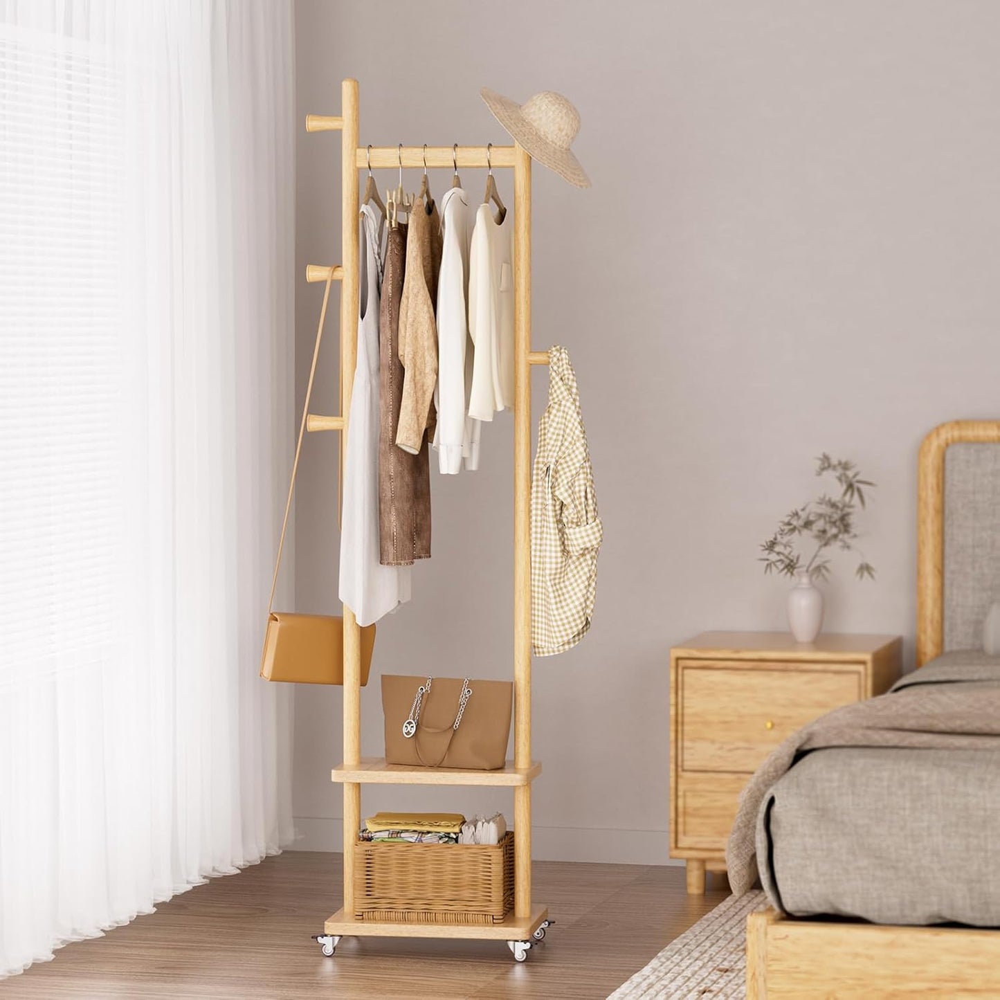 Solid Wood Coat Rack Freestanding Clothing Rack with Wheels & 2 Shelves Storage & 5 Hooks Heavy Duty Clothes Rack Wood Coat Tree Stand Hat Hanger Rack for Corner Bedroom Entryway Living Room Hotel