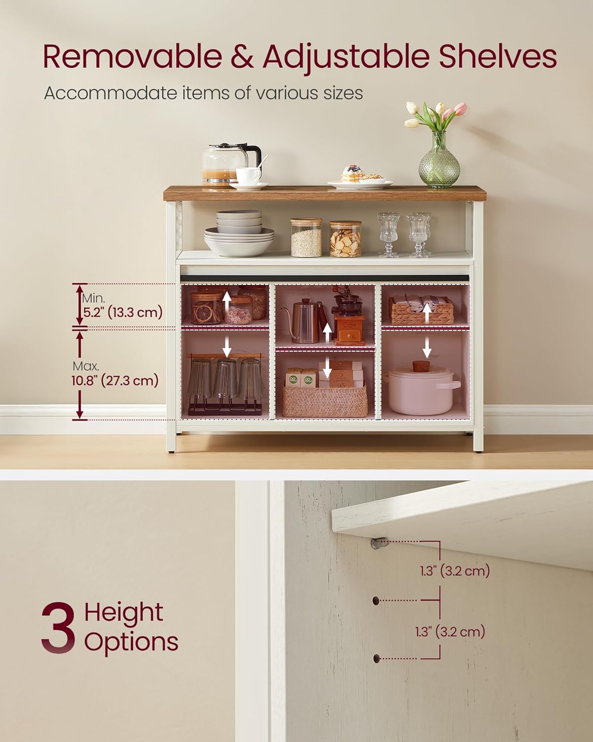 VASAGLE Buffet Cabinet, Coffee Bar Storage Cabinet, Sideboard with 2 Sliding Barn Doors, Adjustable Shelves, 13 x 39.4 x 31.5 Inches, for Living Room, Rustic White and Honey Brown ULSC092W01