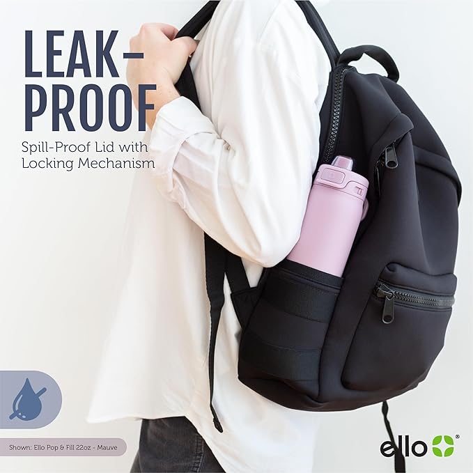 Ello Pop & Fill 22oz Stainless Steel Water Bottle with Quick Fill Technology, Double Walled and Vacuum Insulated Metal, Leak Proof Locking Lid, Sip and Chug, Reusable, BPA Free, Forest Mist