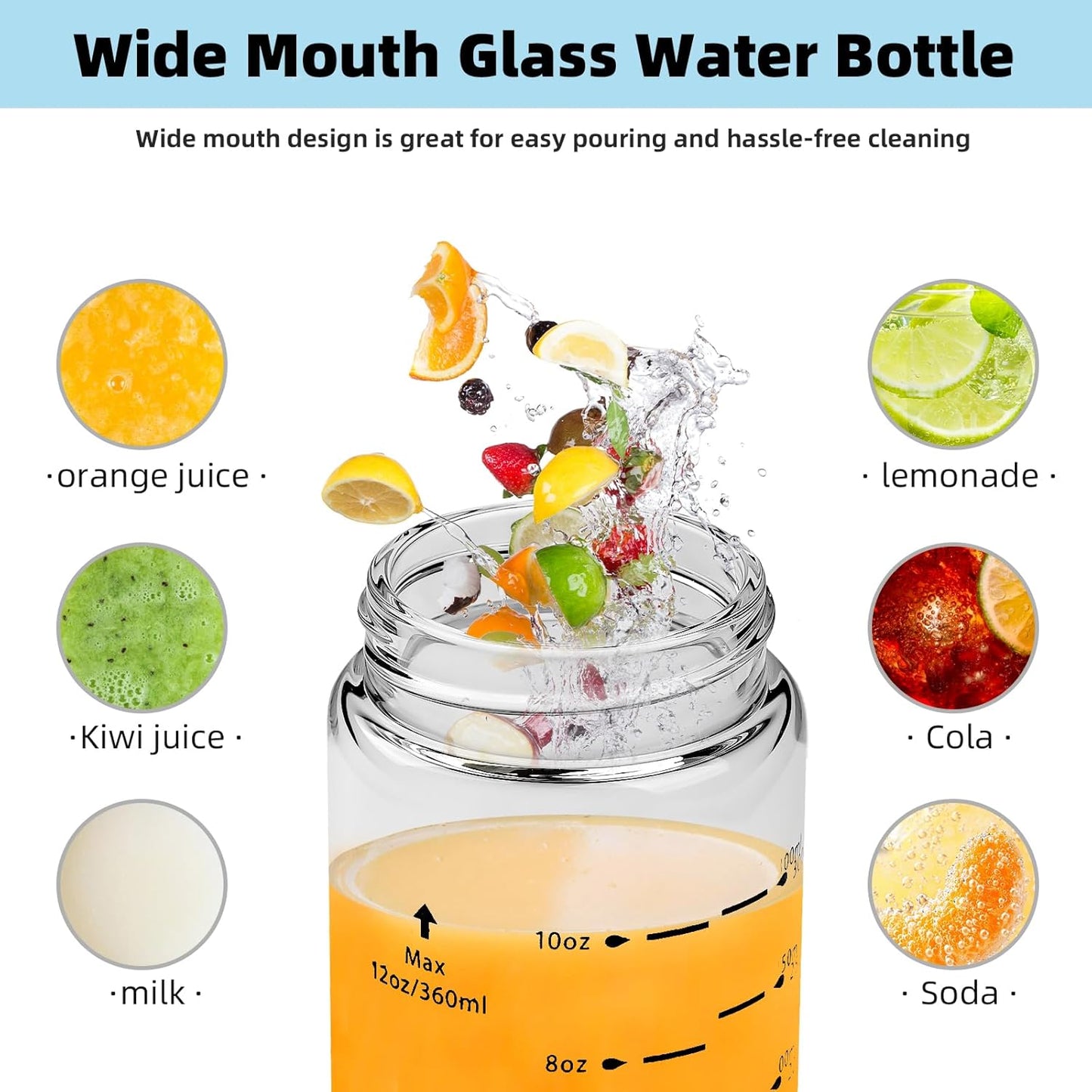 Glass Juice Bottles 6 Pack 16 oz - Wide Mouth Glass Water Bottles with Lids - Borosilicate,Stainless Steel Lids for Juicing, Smoothies, Infused Water, Beverage Storage, Leakproof, Reusable, BPA Free