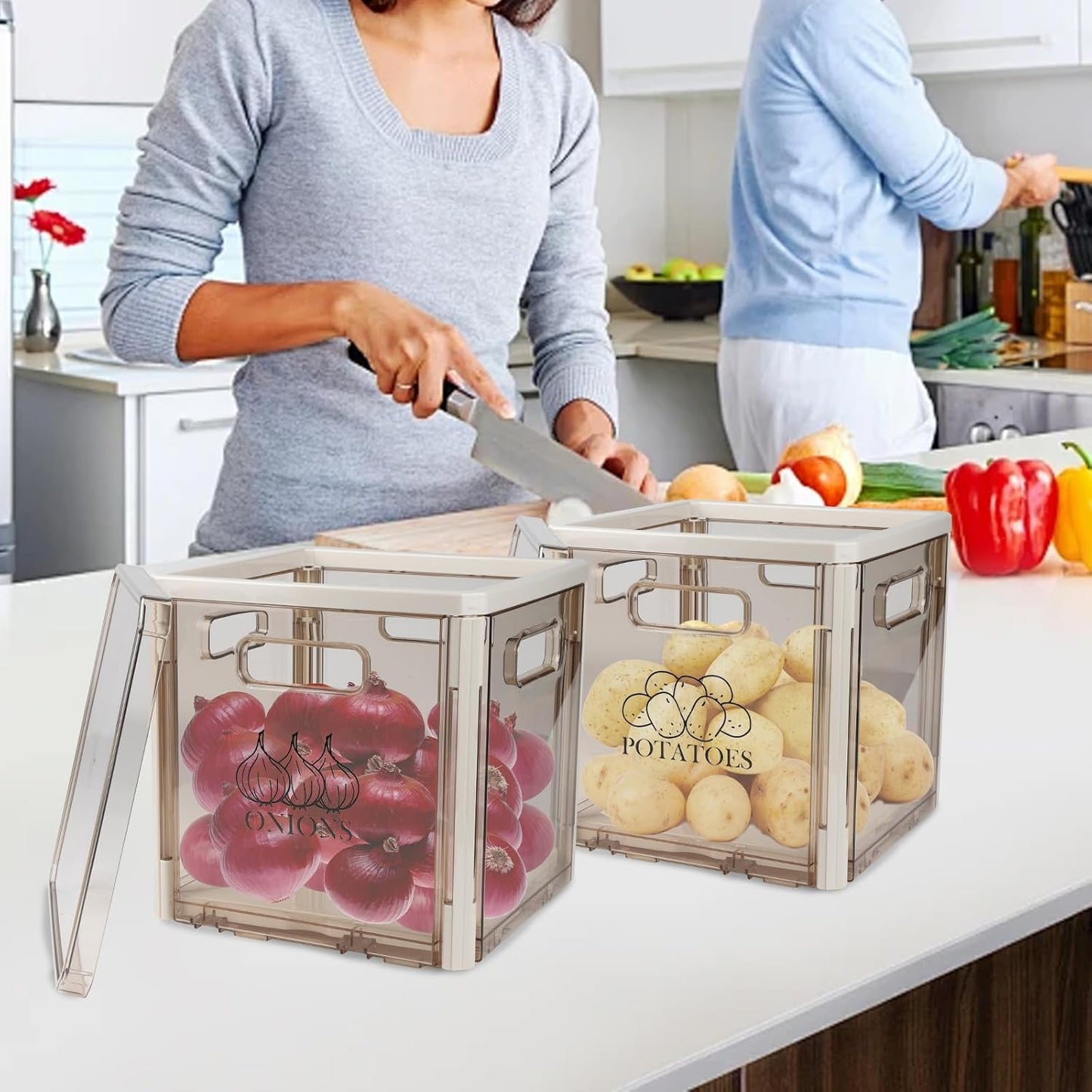 Potato and Onion Storage, Clear Plastic Potato Bin Onion Holder with Lid and Handle, Stackable Vegetable Bin for Pantry Organizers and Storage, BPA Free, Set of 2