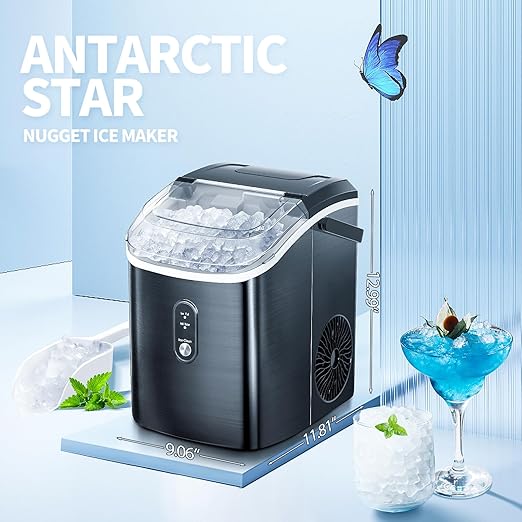 Nugget Countertop Ice Maker with Soft Chewable Pellet Ice, Pebble Portable Ice Machine, 34lbs Per Day, Self-Cleaning, Sonic Ice, One-Click Operation, for Kitchen,Office Stainless Steel Black