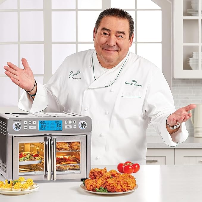 Emeril Lagasse Dual Zone 360 Air Fryer Oven Combo with French Door, 25 QT Extra Large, Cook Two Foods in Different Ways, Up to 60% Faster from Frozen to Finish, Pizza Stone Accessory
